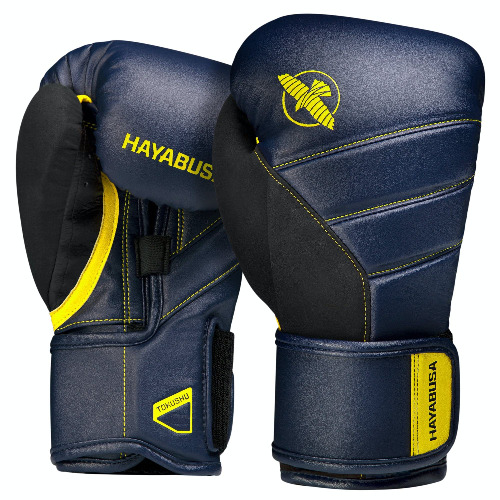 Hayabusa T3 Boxing Gloves for Men and Women Wrist and Knuckle Protection, Dual-X Hook and Loop Closure, Splinted Wrist Support, 5 Layer Foam Knuckle Padding - 12oz Navy/Yellow