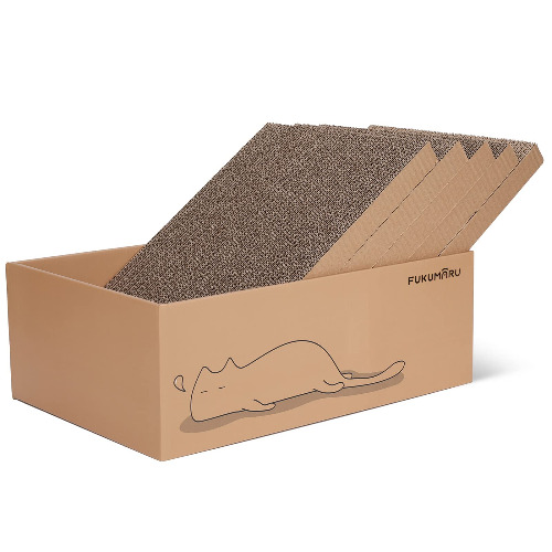 FUKUMARU Cat Scratcher with Box, 5 PCS Reversible Cat Scratch Pad, Corrugated Scratching Bed for Indoor Kitty, 5 in 1 Replacement Cardboard Refill Lounge for Small Medium and Large Cats, Lazy Cat - Cat Scratcher Cardboard 5 PCS with Box