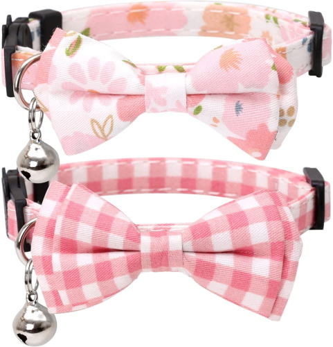 2 Pack/Set Cat Collar Breakaway with Cute Bow Tie and Bell Plaid Flower for Kitty Adjustable Safety - Pink