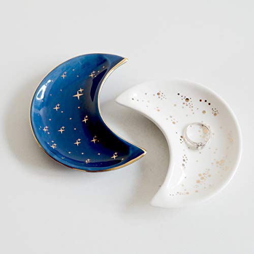 BIHOIB Small Moon Jewelry Dish Tray, Set of 2, Decorative Ceramic Trinket Dish, Modern Accent Tray for Vanity (Blue and White) - Blue and White