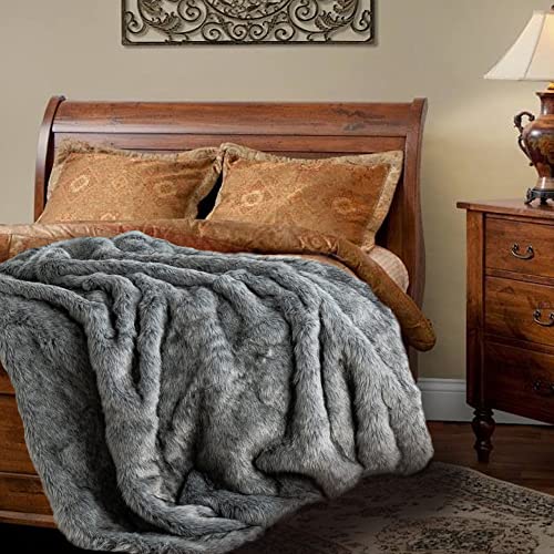 BATTILO HOME Grey Faux Fur Throw Blankets 60"x80" Luxury Decorative Fuzzy Warm Cozy Fake Fur Blanket for Bed Sofa Couch - Grey - 60"x80"