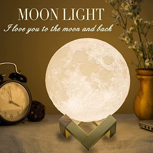 Mydethun Moon Lamp - Home Décor, Moon Light with Brightness Control, LED Night Light, Bedroom, Living Room, Bathroom, Mothers Day Gift, Women Kids Birthday Gift, Wooden Base, 7.1", White & Yellow - 7.1 Inch - White&Yellow