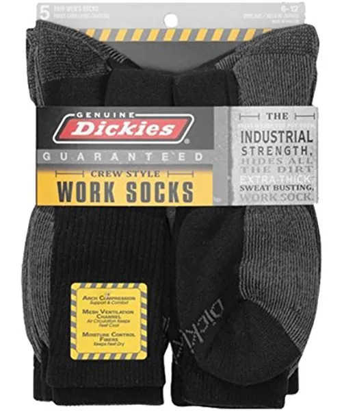 Dickies Genuine Mens 5-Pair Crew Work Socks - Shoe Size: 6-12 - 5 Pair Black W/ Grey