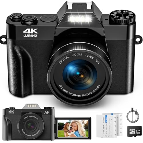 Digitalkamera, 56MP 4K Fotokamera mit 180° Flip 3.0" Bildschirm, 16X Autofokus Kompaktkamera mit 32G SD Karte& Zwei 1500mAh Batterien für Kinder Erwachsene Ältere Anfänger - Kompakt - Schwarz