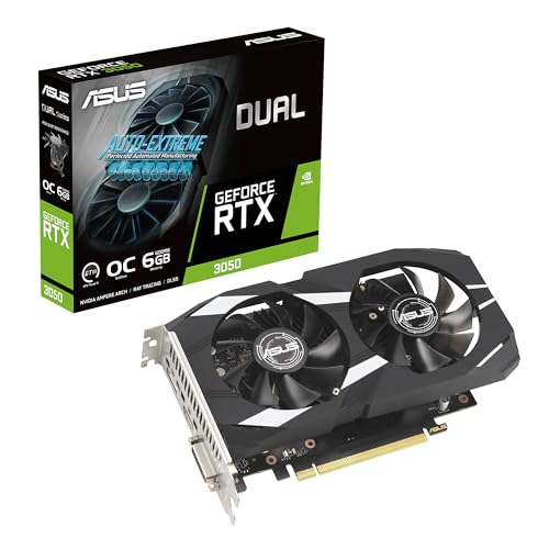 ASUS Dual NVIDIA GeForce RTX 3050 6GB OC Edition Gaming Graphics Card - PCIe 4.0, 6GB GDDR6 Memory, HDMI 2.1, DisplayPort 1.4a, 2-Slot Design, Axial-tech Fan Design, 0dB Technology, Steel Bracket - Dual Fans - RTX3050|OC|6G
