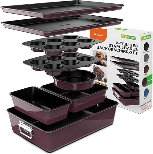 NutriChef 8-Piece Nonstick Stackable Bakeware Set - PFOA, PFOS, PTFE Free Baking Tray Set w/Non-Stick Coating, 450°F Oven Safe, Round Cake, Loaf, Muffin, Wide/Square Pans, Cookie Sheet (Plum) - Plum
