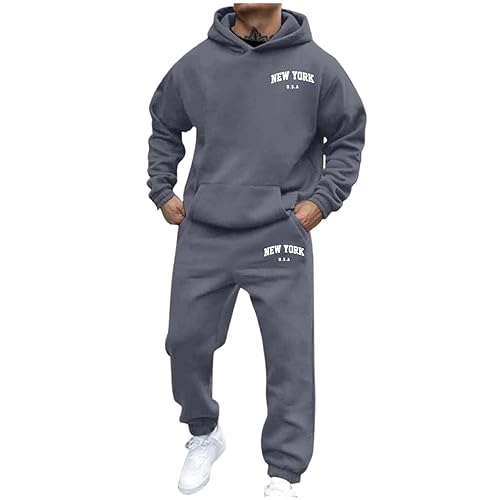 Tracksuit Mens Full Set Long Sleeve Hooded Sweatshirt and Sweatpants Set Hoodie Joggers Sets 2 Piece Fashion Sweatsuits for Men Sport Set Sweatpants and Sweatshirt Christmas - Grey - M