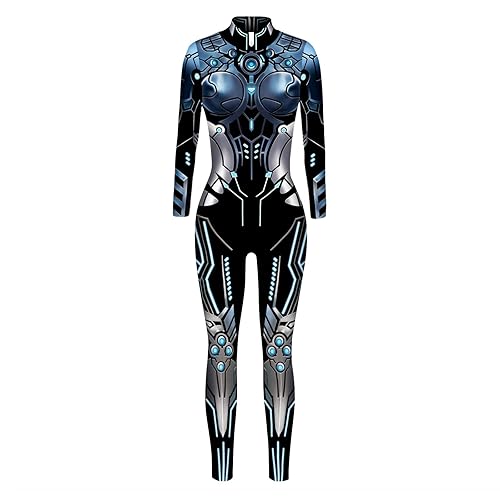 Halloween Kostüm Damen 3D Roboter Erwachsene Jumpsuit Langarm Catsuit Frauen Ausgefallener Body Skinny Playsuit mit Reißverschluss Strampler Kostüm Damen Bodysuit Cosplay (Black #3, XL) - XL - Schwarz #3