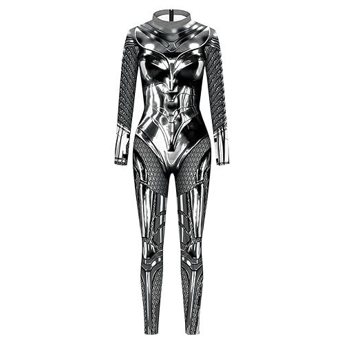 Halloween Kostüm Damen 3D Roboter Erwachsene Jumpsuit Langarm Catsuit Frauen Ausgefallener Body Skinny Playsuit mit Reißverschluss Strampler Kostüm Damen Bodysuit Cosplay (Silver #1, L) - L - Silber #1