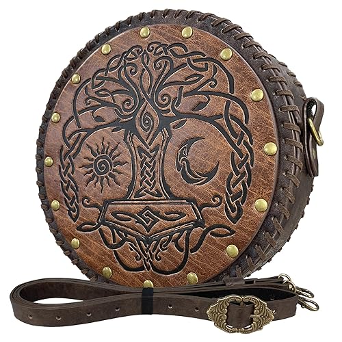 HiiFeuer Viking geprägte Umhängetasche Crossbody Bag, Gürteltasche aus nordischem Kunstleder Schultertasche, Mittelalter tragbare Cosplay Umhängebeutel (Braun B) - Braun B
