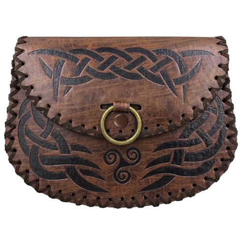 HiiFeuer Gürteltasche mit Wikinger-Prägung, Vintage Mittelalter Kunstleder Side Pack, Mittelalterliche tragbare Gürteltasche für LARP Ren Faire (Braun B) - Braun B