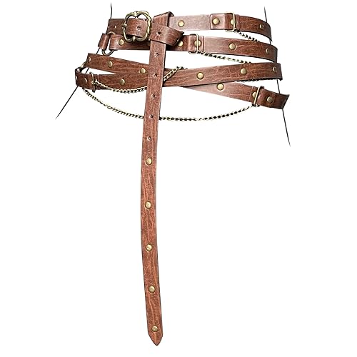 HiiFeuer Mittelalterlicher DIY-Kunstleder-Metallkettengürtel, Vintage Verstellbarer dünner Gürtel für Frauen, Retro Skinny Gürtel für Kleider - Braun A