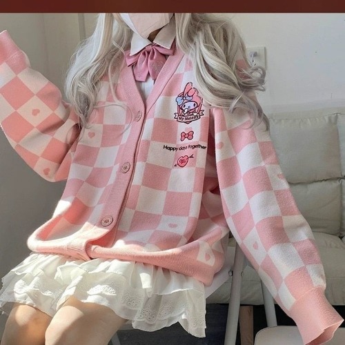 Kawaii Checkered Cardigan - M / Pink