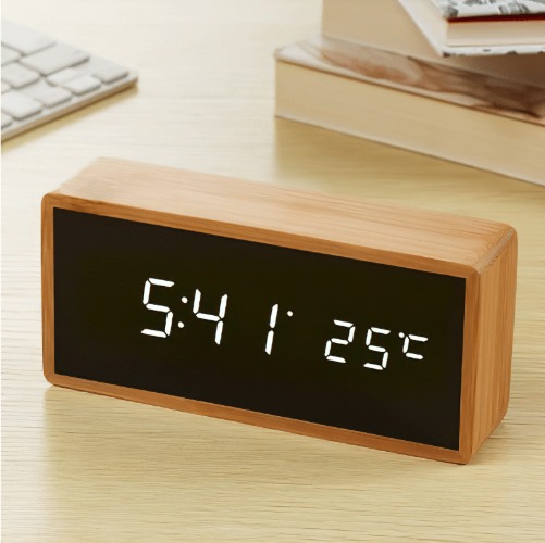 Bamboo LED Alarm Clock - White