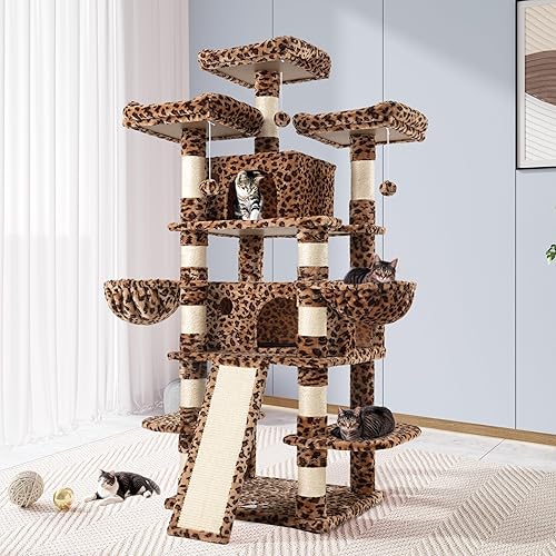Allewie 68 Inches Cat Tree/Cat Tree House and Towers for Large Cat/Cat Climbing Tree with Cat Condo/Cat Tree Scratching Post/Multi-Level Large Cat Tree/Leopard Print - Leopard Print