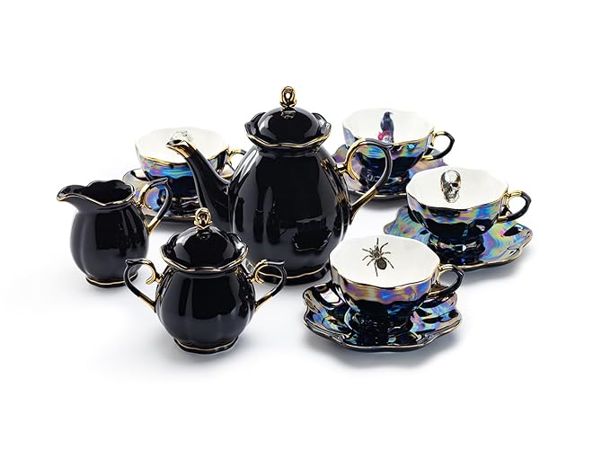 Halloween Goth Tea Set, Black Gold Scallop Teapot, Black Gold Scallop Sugar Creamer, 4 Assorted Black Gold Luster Tea Cup and Saucer Sets, Spider, Skull, Crow, Witchy Crystal Ball