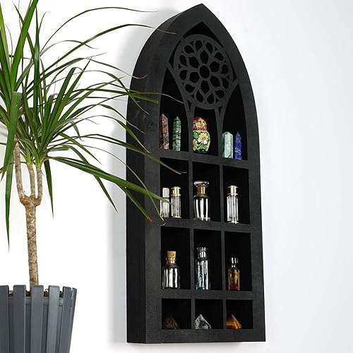 COUNTOOZQ Floating Shelves for Wall Mounted Wall Boho Hanging Gothic Decoration Old Church Window Crystal Wall Shelf Creative Decorative Fairytale Black Cabinet for Living Room