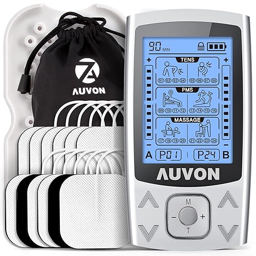 AUVON Dual Channel TENS EMS Unit 24 Modes Muscle Stimulator for Pain Relief, Rechargeable TENS Machine Massager with 12 Pads, ABS Pads Holder, USB Cable and Dust-Proof Storage Bag - A Sliver