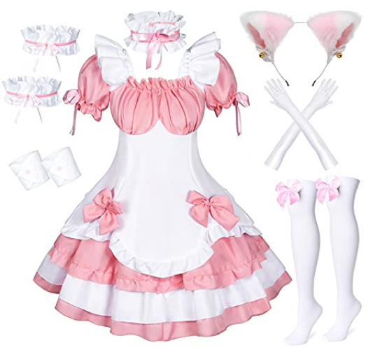 Wannsee Anime French Maid Apron Lolita Fancy Dress Cosplay Costume Furry Cat Ear Gloves Socks set - Small - Pink 2