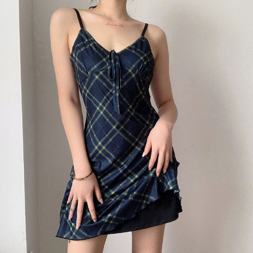 Mesh Plaid Strap Dress SD01781