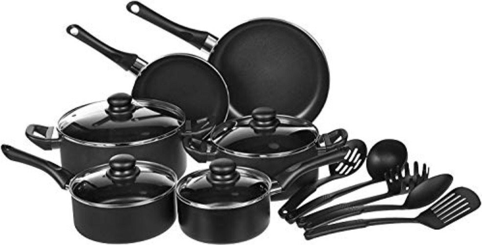 Amazon Basics Non-Stick Cookware Set, Pots, Pans and Utensils - 15-Piece Set - 15-Piece Set - Cookware Set