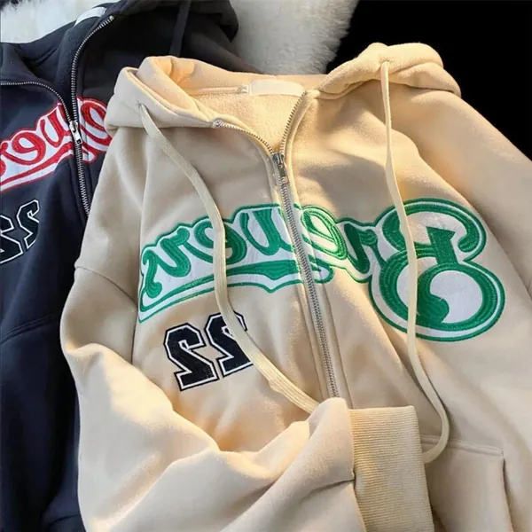 Letter Embroidered Vintage Y2K Hip-Hop Style Hoodie, Full-Zip Up Rap Streetwear Hoodie, Longsleeved Oversized Winter Autumn Hoodie