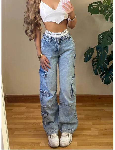Vintage Cargo Women's Pants Y2k High Waist Straight Baggy Jeans Casual Chic Fake Zippers Pocket Female Trousers