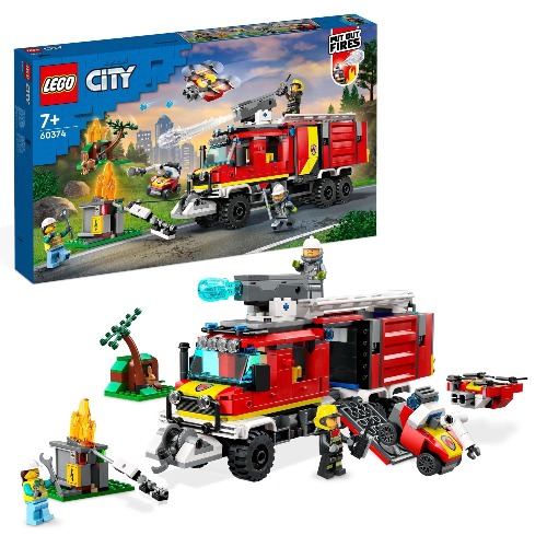 LEGO® City Fire Command Unit 60374 Building Toy Set; Features a Fire Engine with Air and Land Drones, Plus Forest and City Fire Settings and 3 Minifigures; Fun Toy for Kids Aged 7+