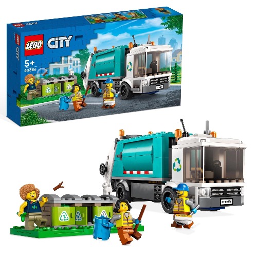 LEGO® City Recycling Truck 60386 Building Toy Set for Kids Aged 5+; Vehicle with Container-Tipping Platform and a Raisable Flatbed, Plus 3 Rubbish Bins, 3 Minifigures and a Cat Figure