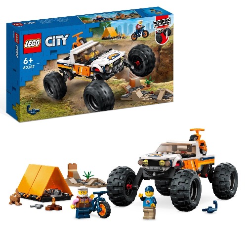LEGO® City 4x4 Off-Roader Adventures 60387 Building Toy Set for Kids Aged 6+; Includes a Vehicle with Large Tyres and High Suspension, Plus 2 Mountain Bikes, a Tent, 2 minifigures and an Animal Figure