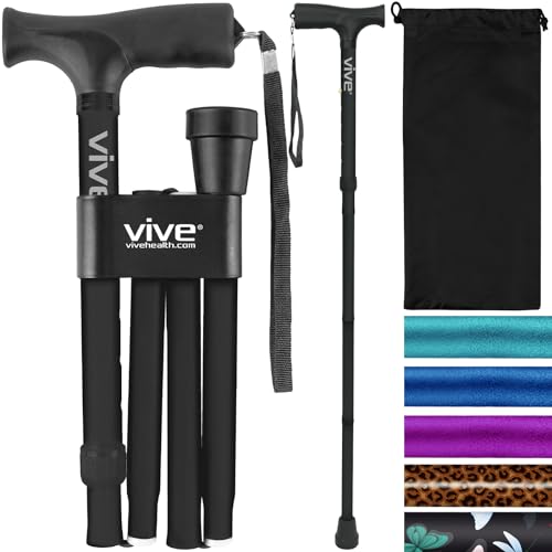 Vive Foldable Walking Cane for Men, Women - Collapsible, Lightweight, Adjustable, Portable Hand Walking Stick - Balancing Mobility Aid - Sleek, Comfortable T Handles (Black) - Black