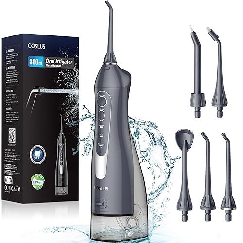 COSLUS Water Dental Flosser Teeth Pick: Portable Cordless Oral Irrigator 300ML Rechargeable Travel Irrigation Cleaner IPX7 Waterproof Electric Flossing Machine for Teeth Cleaning F5020E Grey - Sky Grey