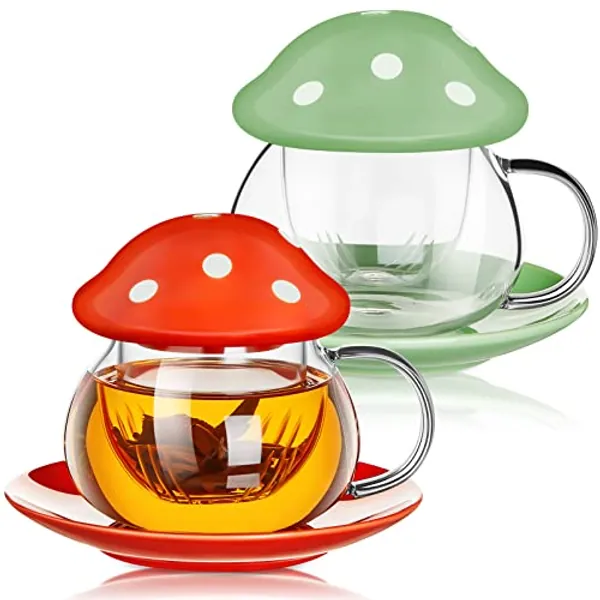 Irenare 2 Sets Mushroom Mug Cute Mushroom Cup with Infuser Lid Coaster Cute Coffee Cups Mushroom Teapot Glass Tea Mug Kawaii Teacup for Christmas Gift, 11 Oz, Orange and Green