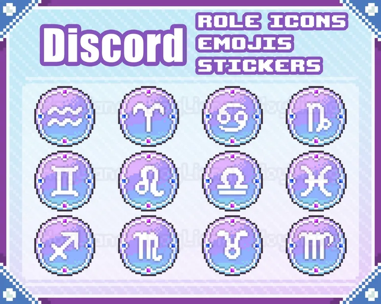 Discord Role Icons with Zodiac Sign in Pixel Art Style, Emoji and Stickers in Bundle