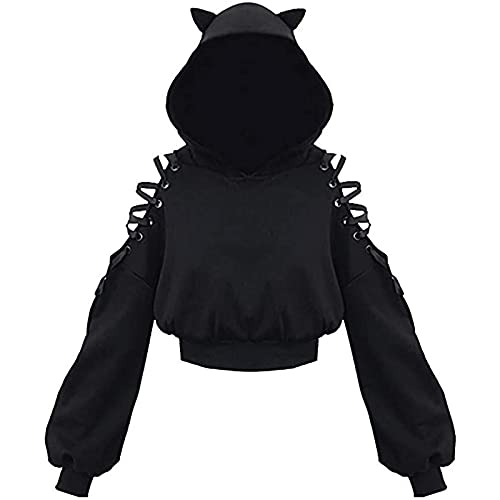 Womens Long Sleeve Cute Cat Ear Pullover Hoodie Crop Top Gothic Cold Shoulder Lace Up Y2k E-Girl Oversized Sweatshirt - Black a - X-Large