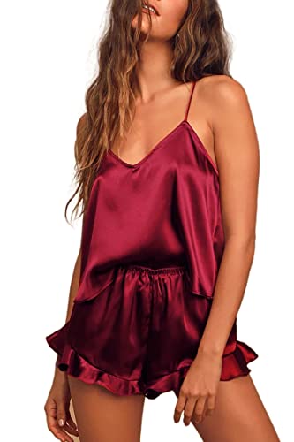 CHYRII Women's Sexy Silk Satin Ruffled Pajamas Sets Cami Shorts Sets Sleepwear - Small - Burgundy