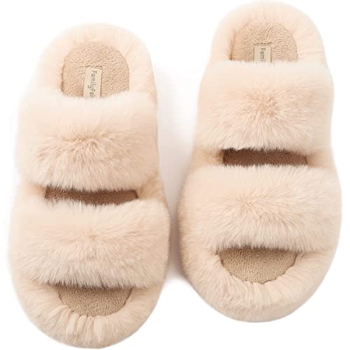FamilyFairy Womens Fluffy Faux Fur Slippers Comfy Open Toe Two Band Slides with Fleece Lining and Rubber Sole - 7-8 - Beige