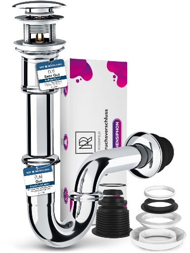 Ablaufgarnitur Waschbecken POP UP mit Überlauf + Universal Röhrensiphon für Waschbecken, Waschtisch Geruchsverschluss aus Messing - 3) Chrom Pop-up + Röhren Siphon