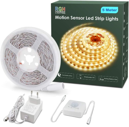 RGH LED Strip mit Bewegungsmelder, 5M Warmweiß Led Streifen Selbstklebend mit Timing-Funktion Für Schrank,Küche,Wohnzimmer,Schlafzimmer,Treppe, 3000K - 5M Warmweiß
