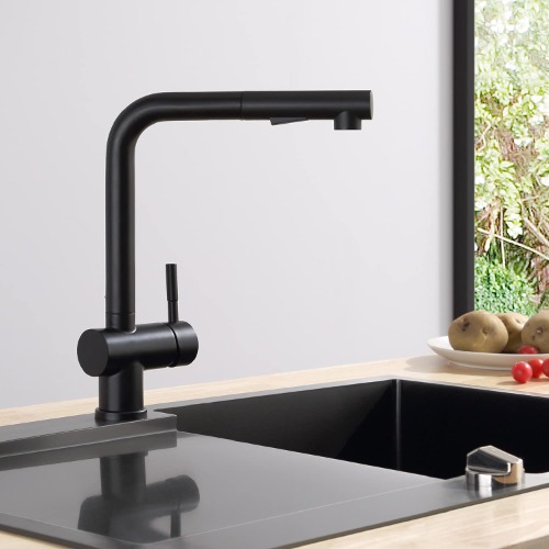 CECIPA Hochdruck Wasserhahn Küche Schwarz, Armatur Küche Ausziehbar, Küchenarmatur mit Brause Zwei Wasserstrahlarten, Einhebel Spültischarmatur 360° Schwenkbar, Mischbatterie Küche Edelstahl, X207B - Schwarz Matt