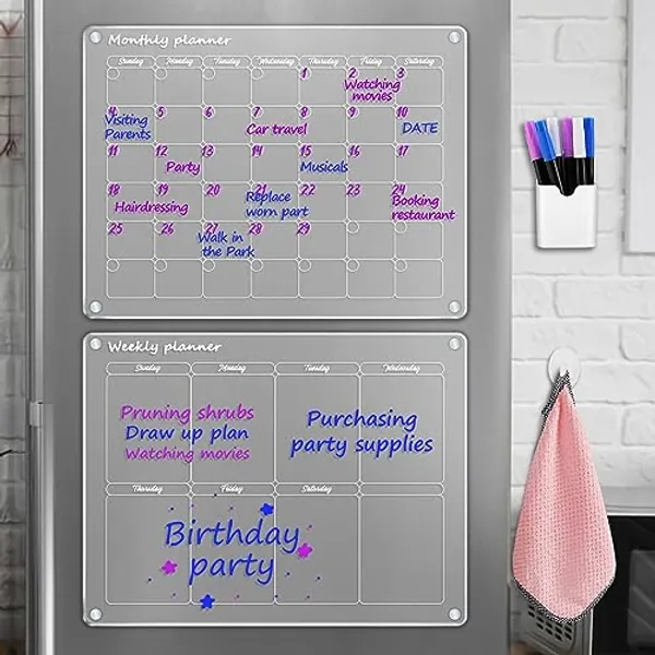 Magnetic Acrylic Calendar for Fridge,2 Pack 12"x16" Dry Erase Clear Fridge Calendar Magnetic Monthly & Weekly Planning Boards,6 Colorful Highlight Markers,Magnetic Pen Holder and Erase Towel