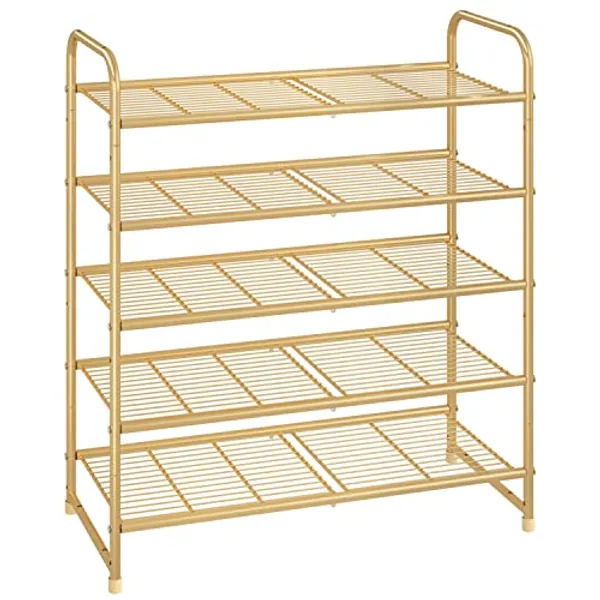 Simple Trending 5-Tier Stackable Shoe Rack, Expandable & Adjustable Shoe Organizer Storage Shelf, Wire Grid, Golden Yellow