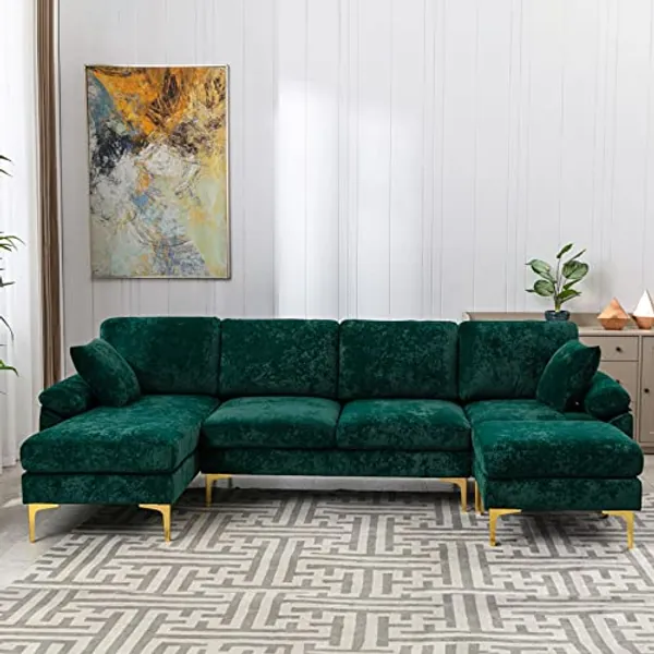 KIVENJAJA U-Shaped Sectional Sofa Couch, Modern Velvet L-Shaped Couch Set with Chaise Lounge, Ottoman and Pillows for Living Room Office Apartment, 114 inches (Emerald Green)