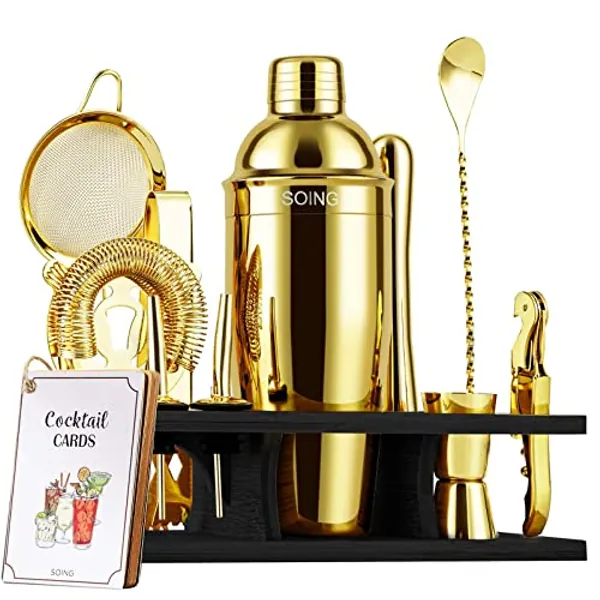 SOING 11-Piece Mixology Bartender Kit with Stand,Bar Kit Cocktail Shaker Set with All Essential Accessories:Martini Shaker,Spoon,Muddler,Strainer,Jigger,Tongs,Liquor Pourers