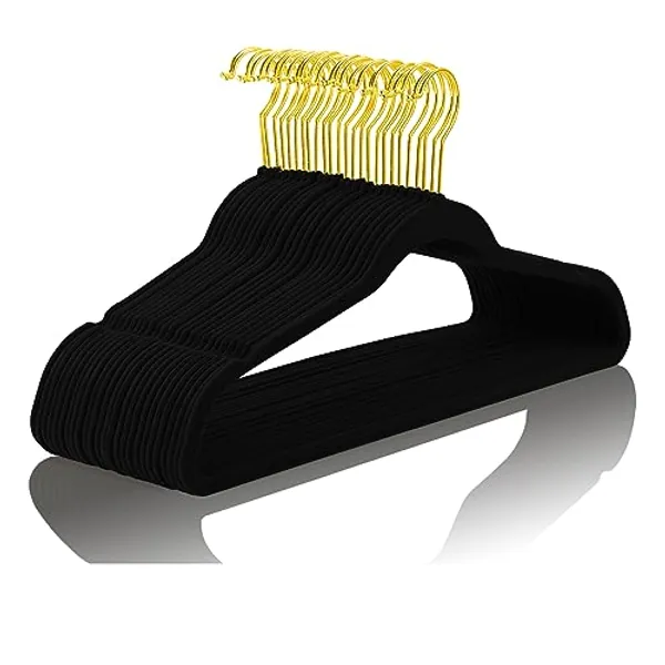 MIZGI Premium Velvet Hangers Pack 60 Pcs Heavyduty - Non Slip Slimline - Velvet Suit Hangers Black - Gold Hooks,Space Saving Clothes Hangers