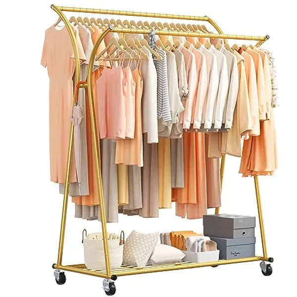 Raybee Clothing Rack Heavy Duty Clothes Racks for Hanging Clothes 270LBS Gold Clothing Rack with Wheels Portable Clothes Rack Double Rod Garment Racks for Hanging Clothes Hanger Rack 69''H*52''W*20''D