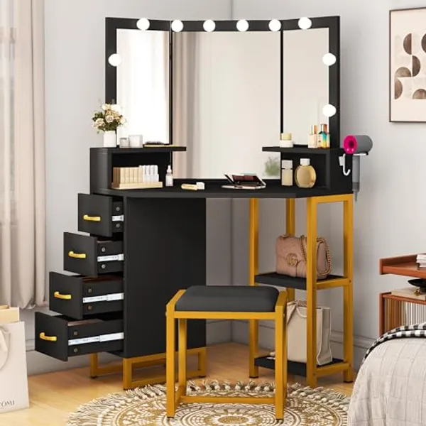 YITAHOME Vanity Desk with Lighted Mirror, Corner Vanity with Power Outlet, 3 Color Modes & Adjustable, Makeup Table Set with 4 Drawer, Stool, Bedroom, Dark Black