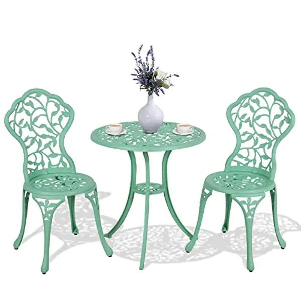 Verano Garden 3 Piece Outdoor Bistro Set, Rust-Resistant Cast Aluminum Patio Bistro Set Antique Finish, Weather Resistant Patio Table and Chairs, Outdoor/Indoor Use, Teal