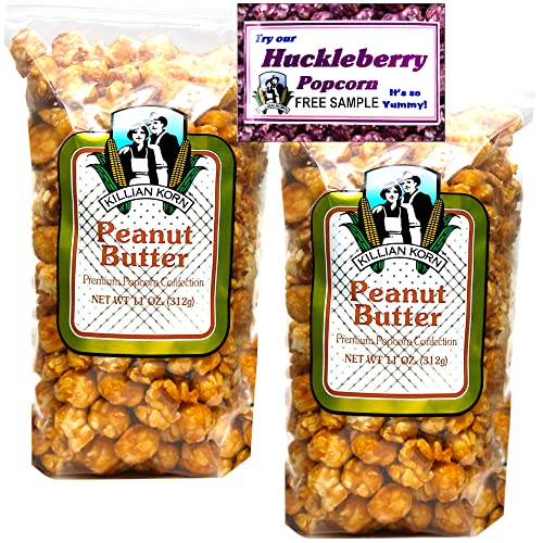 Killian Korn, Peanut Butter Popcorn "Sooo Yummy", All Naturally Flavored Popcorn, Perfectly Popped Popcorn, 11 oz (Pack of 2) + Includes-Free Huckleberry Gourmet Popcorn Sample Pack .50 oz - Peanut-Butter