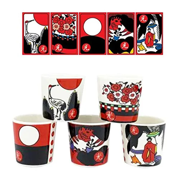 PARTY CRAFTZ 2oz Korea Ceramic Soju Whiskey Shot Glass Set of 5 With Hwatu,Ogwang Korean Traditional Flower Card Game Pattern Print (Soju Shot Set of 5 Wtih HWA-tu,Korean Flower Card Game 1 Set)